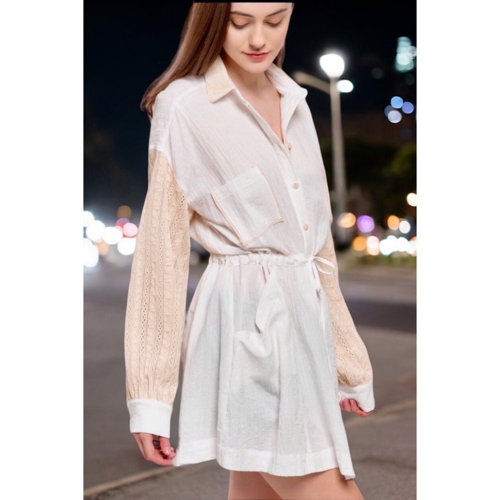 POL Off White Crochet Sleeves Cotton Shirt Dress - Picture 4 of 7